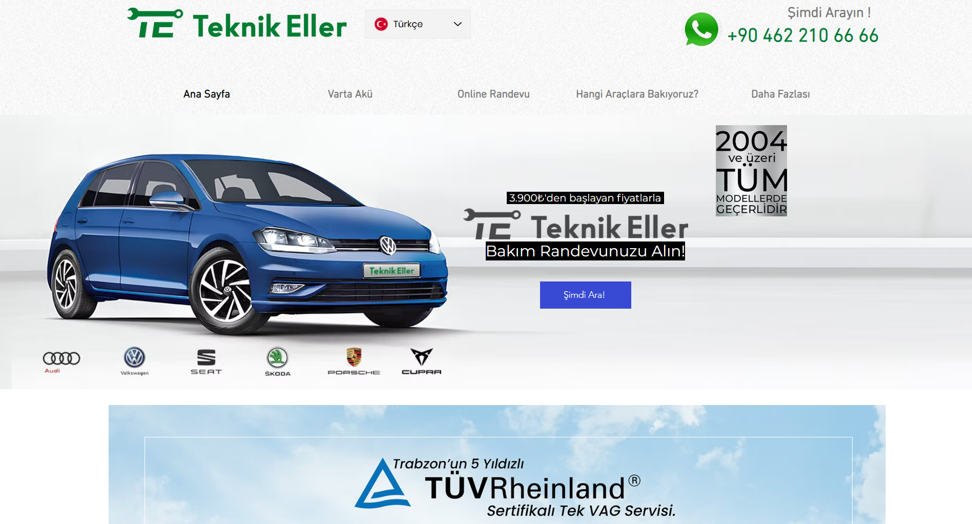 Teknik Eller otomotiv servis web sitesi ana sayfa tasarımı