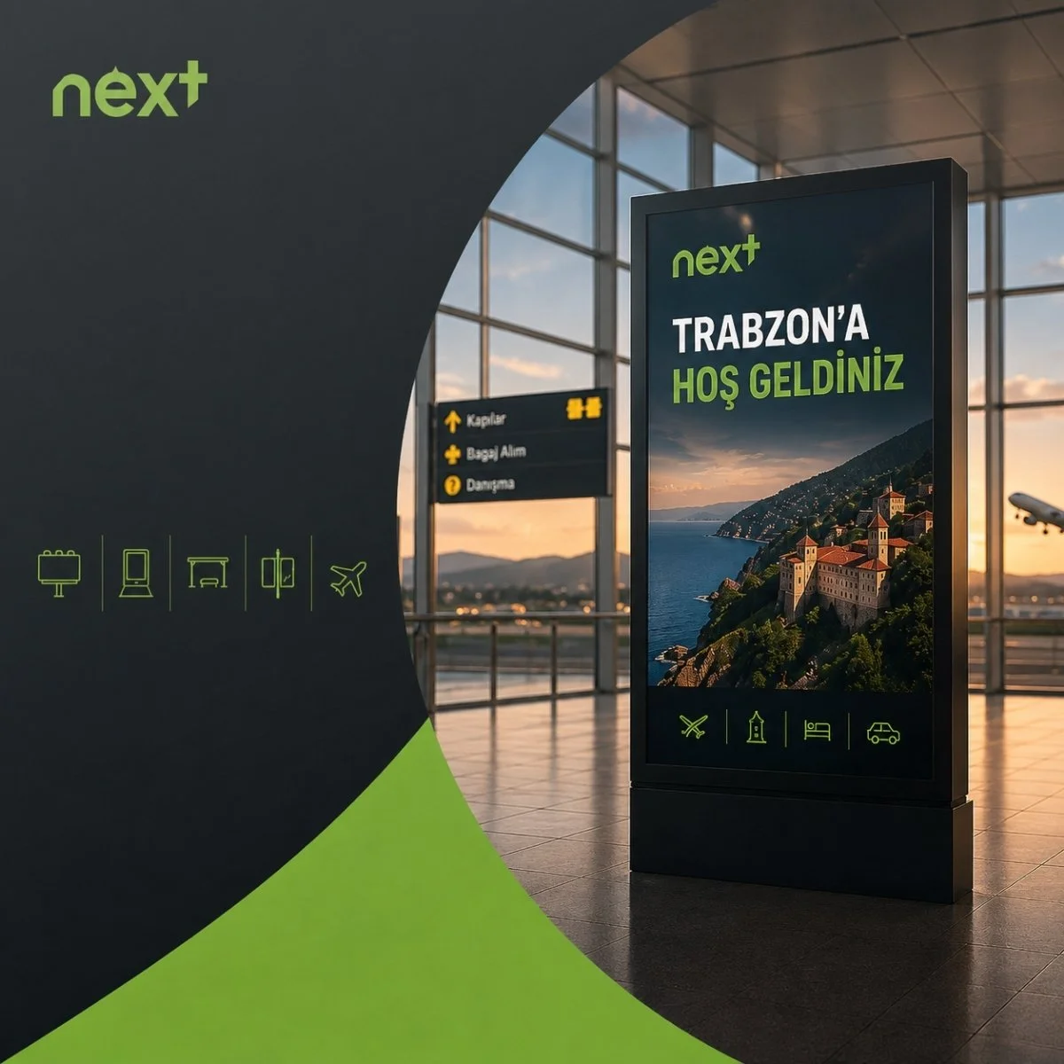 Trabzon açık hava reklamları için billboard, havalimanı ve şehir içi reklam alanı seçimini anlatan reklam planlama görseli