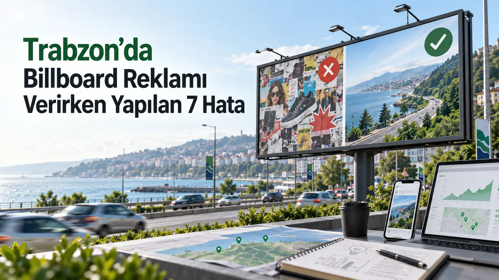 Trabzon’da billboard reklamı verirken yapılan lokasyon, tasarım, mesaj ve dijital destek hatalarını gösteren profesyonel açık hava reklam görseli