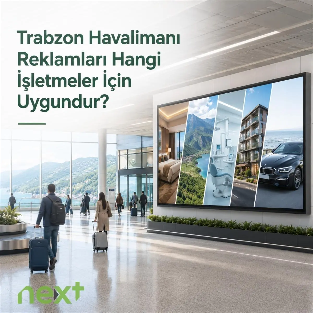 Trabzon Havalimanı reklamlarının uygun olduğu turizm, sağlık, gayrimenkul ve araç kiralama işletmelerini anlatan reklam görseli