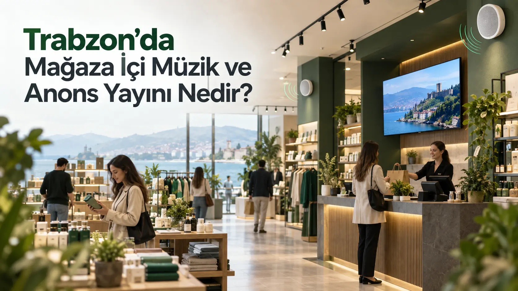 Trabzon’da mağaza içi müzik ve anons yayını ile müşteri deneyimi, kampanya duyuruları ve marka atmosferini gösteren profesyonel işletme görseli