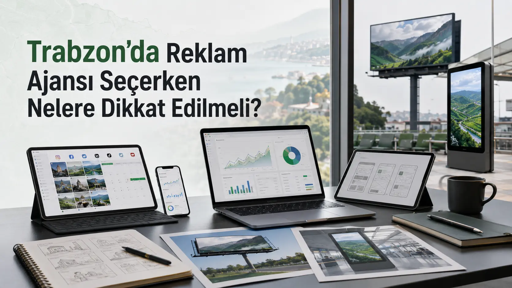 Trabzon’da reklam ajansı seçerken sosyal medya, SEO, web tasarım, dijital reklam, prodüksiyon ve açık hava reklam hizmetlerini değerlendiren profesyonel ajans görseli