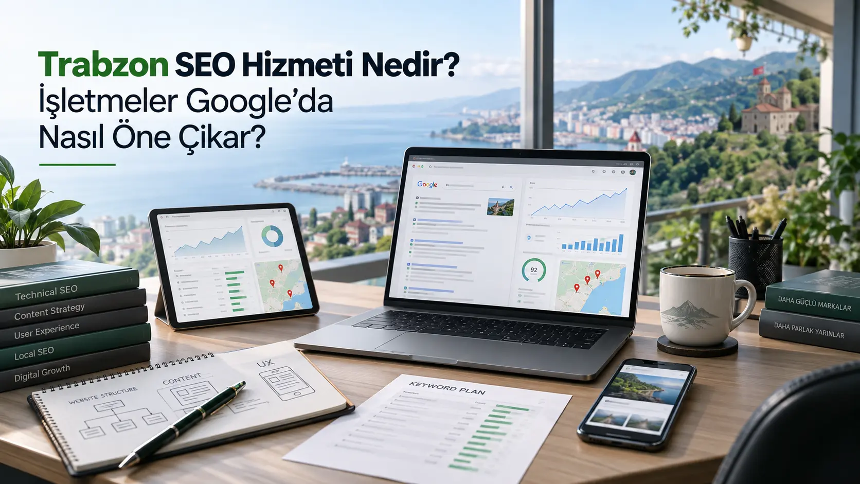 Trabzon SEO hizmeti ile işletmelerin Google’da öne çıkması için web sitesi, içerik, yerel SEO ve teknik optimizasyon sürecini gösteren profesyonel dijital pazarlama görseli