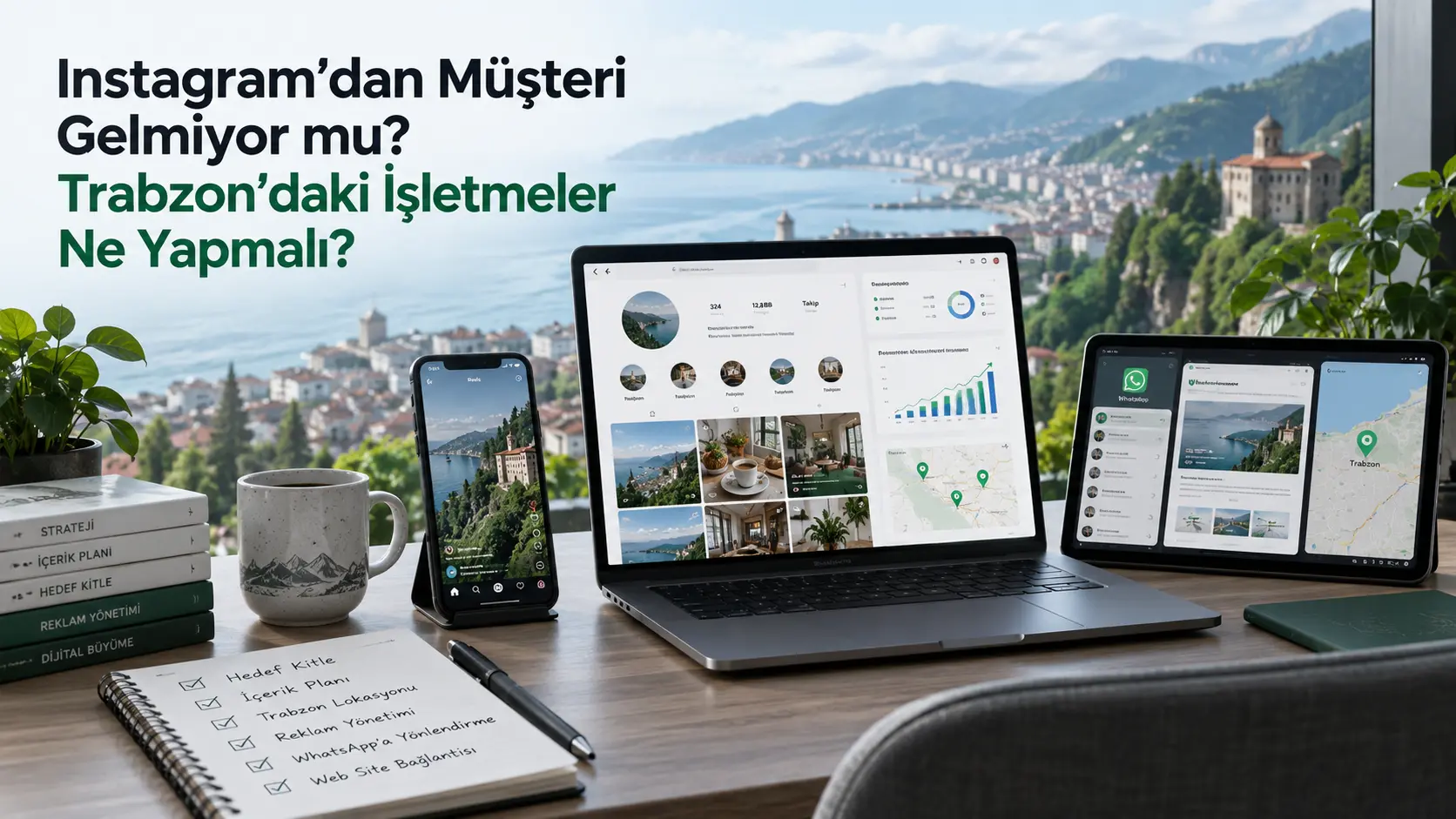 Trabzon’daki işletmelerin Instagram’dan müşteri kazanması için profil düzeni, içerik planı, yerel hedefleme ve reklam yönetimini gösteren profesyonel sosyal medya görseli