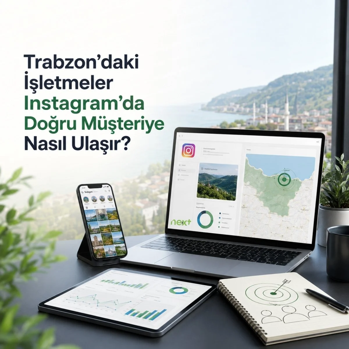 Trabzon’daki işletmelerin Instagram’da doğru müşteriye ulaşması için yerel hedefleme, içerik planı ve sosyal medya reklamlarını gösteren profesyonel ajans görseli
